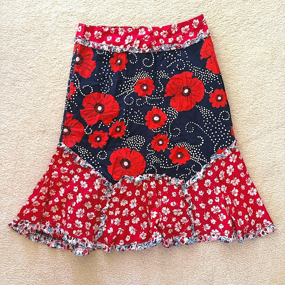 Anthropologie Odille Asymmetrical Skirt in Red and Blue Floral